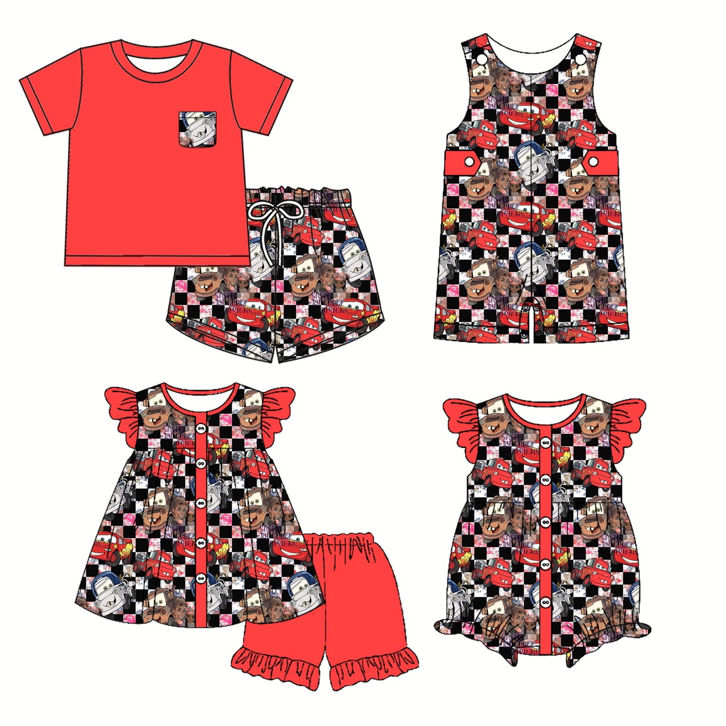 2.22 custom each style moq 5eta 4-6week Sibling Sister cars baby girl short sleeve shorts sets and sets 2 and boy romper and girl romper match design