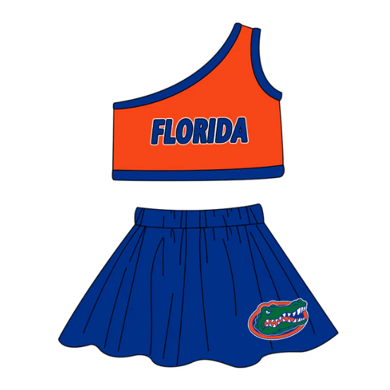 Deadline October 23 custom no moq eta 6-8weeks Blue Letter Orange One Shoulder Top-Crocodile Pattern Pleated Skirt Set