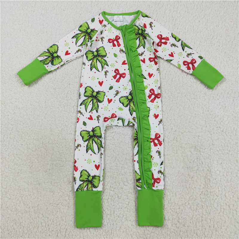 Baby Girls Christmas Bows Hearts Collection - Green Ruffle Pajama Set & Zipper Romper