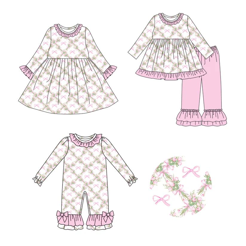 Custom moq 5 each style eta 6-7weeks baby girl clothes bow floral pink long sleeve pants sets and romper and dress -25.8.9