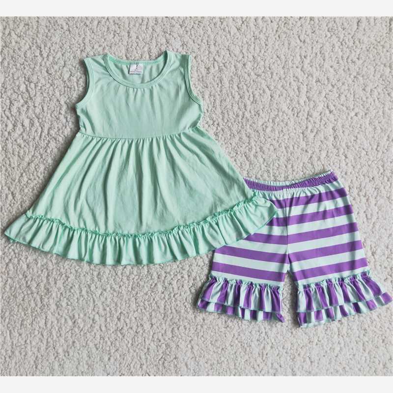 SALES NEW Green T-shirt Purple and green stripes exquisite ruffles Shorts sets
