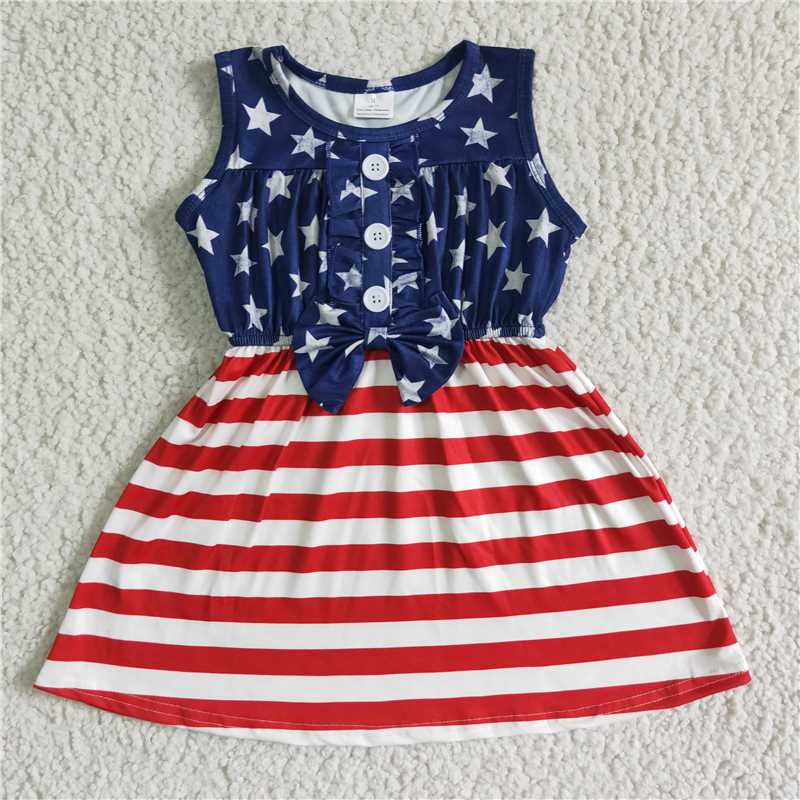 SALES NEW Baby Girls Star Bow Knee-Length Dress Fourth of July 4th July Outfit Baby Girl's Patriotic Dress