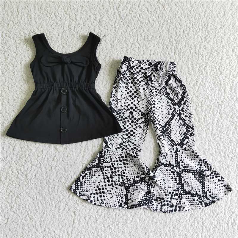 SALES NEW Baby Girl's Black Bow Strappy Top And Snakeskin Bell Pants Set Cute And Fashionable Outfit for Infants