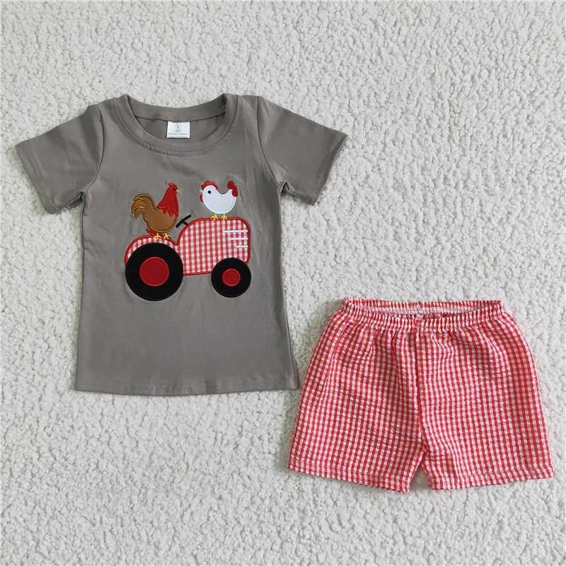 SALES NEW Boys Kids chicken farm embroidered summer shorts sets
