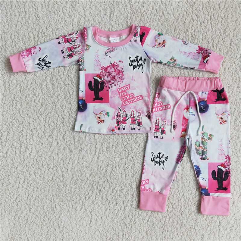 RTS NO MOQ 6 A17-4 Santababy Santa Hat Pink Long Sleeve Pants Pajama Set
