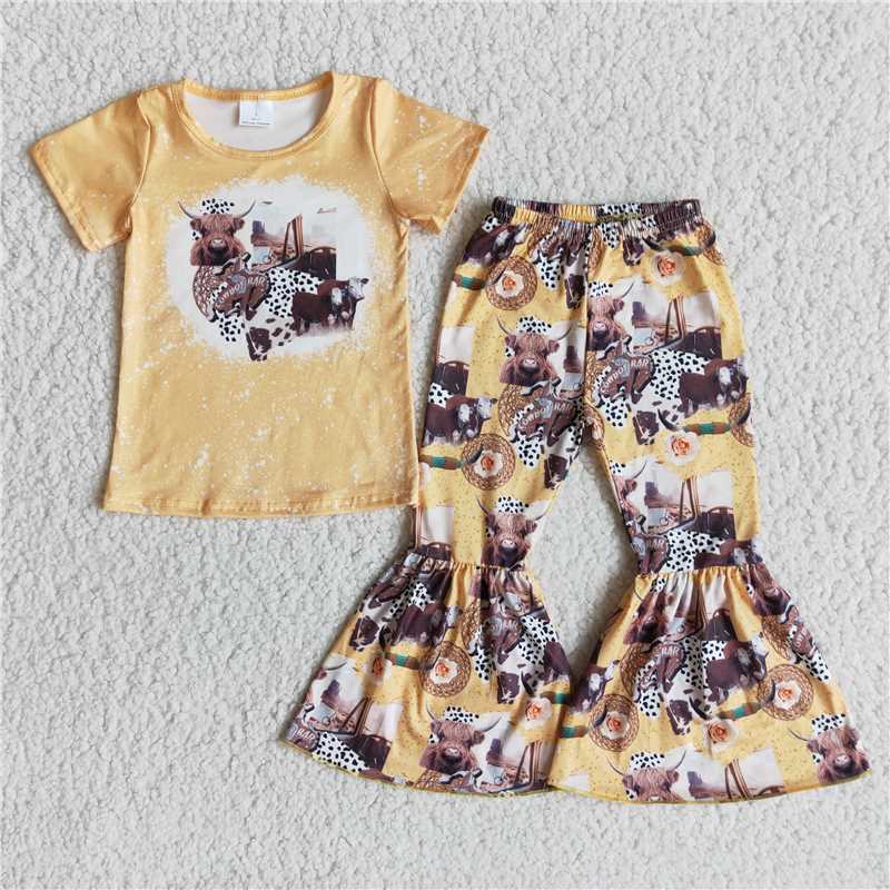 SALES NEW Baby Girls Cowboy Western Style Cow head Bell Bottom Pants Clothing Set