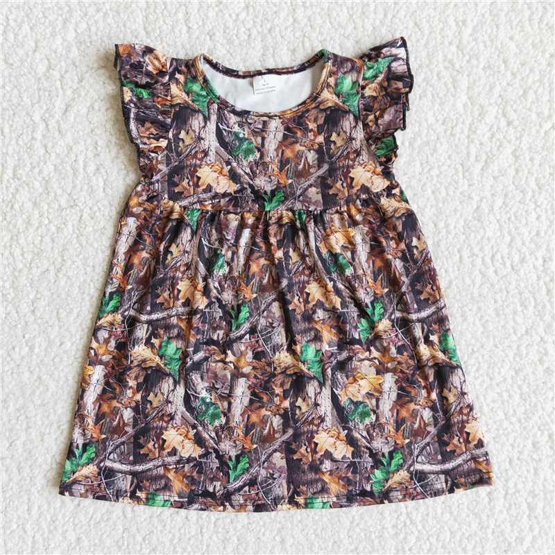 SALES NEW Baby girls Maple Leaves Branches print flutter sleeve knee length pearl dresses