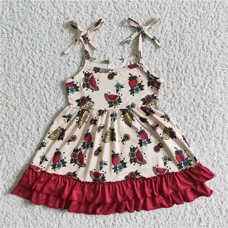 SALES NEW Baby girls sweet summertime ruffle dresses Fruit Floral Strappy Dress with Waist Tie