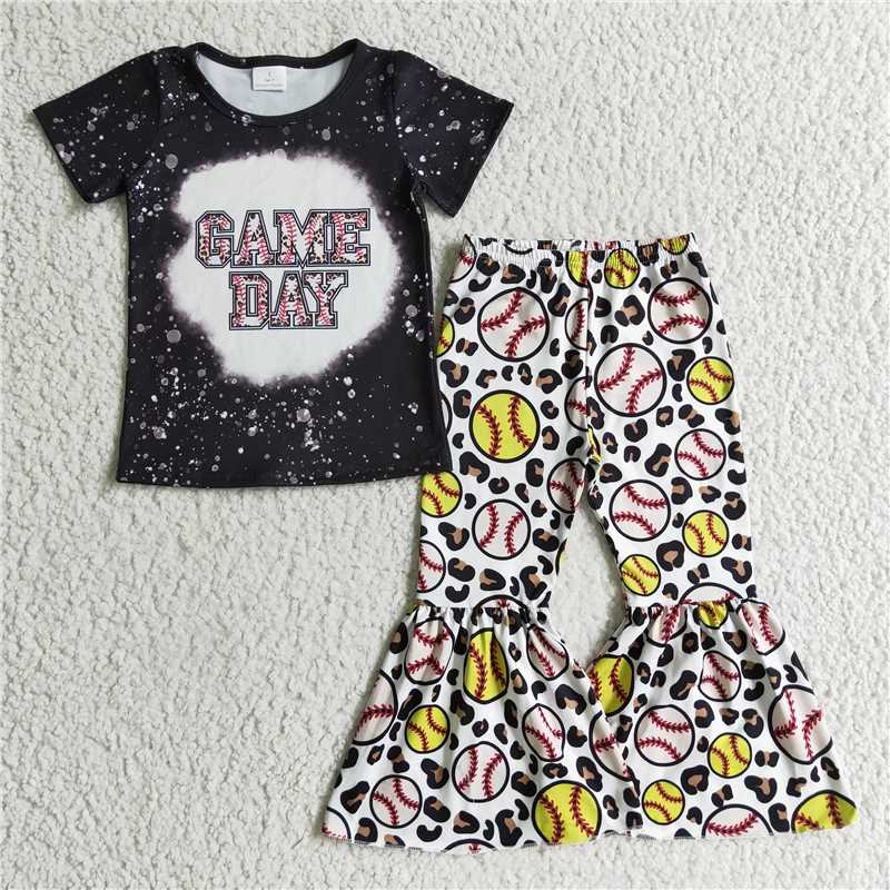 SALES NEW Baby Girls Black Short Sleeve Softball Bell Pants Set Cute Sporty Outfit for Little Ones