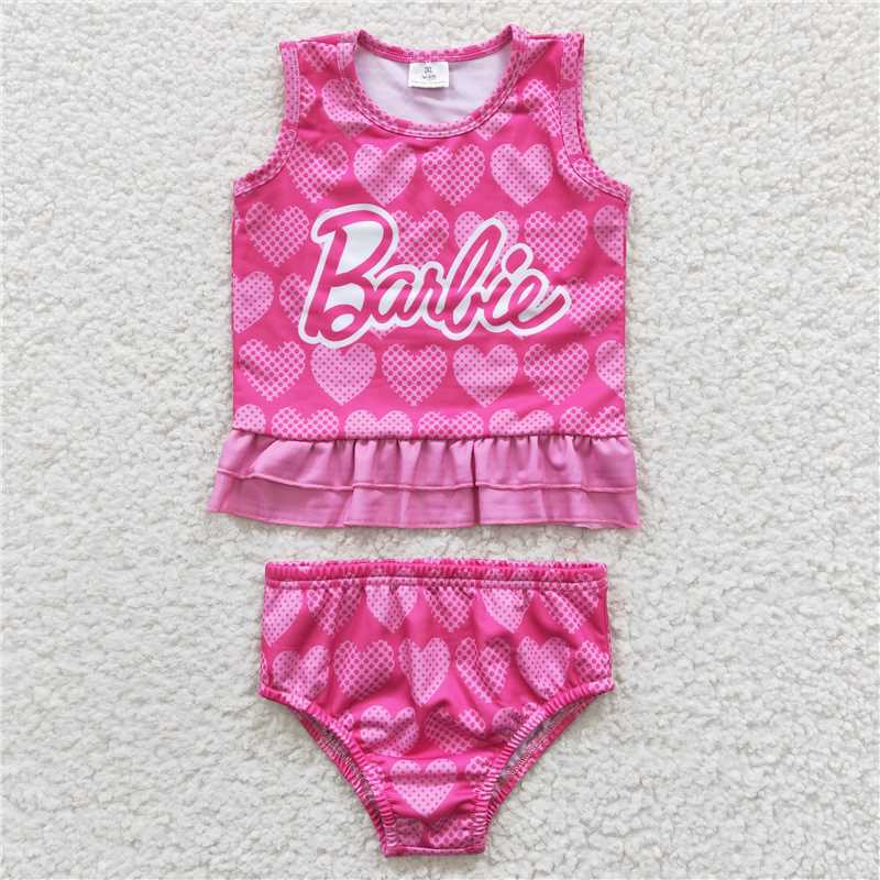 SALES NEW Baby Girls Pink Doll Swimsuit Set 2pcs Cute Infant Girl Beachwear Summer Swimwear Outfit Pink Doll Design