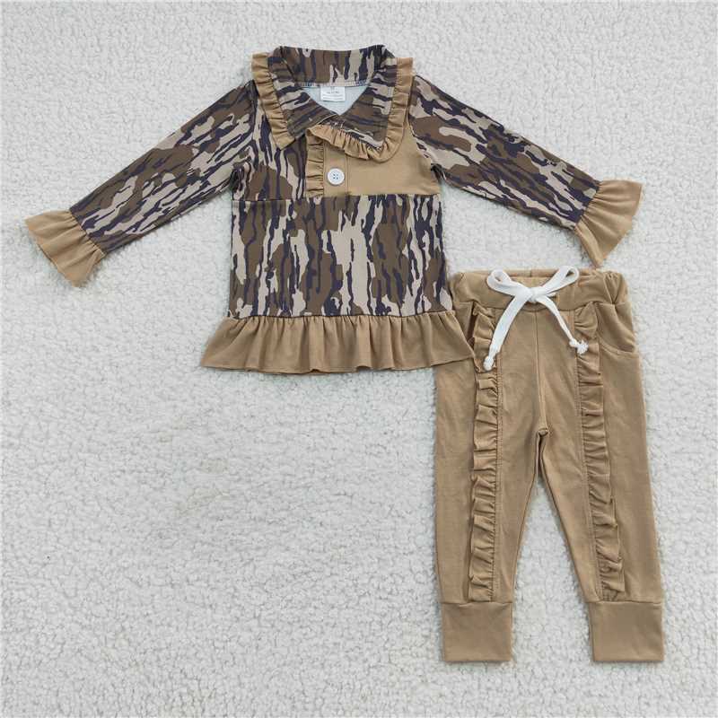 RTS NO MOQ(In Stock) Camouflage light brown lace long-sleeved trouser suit