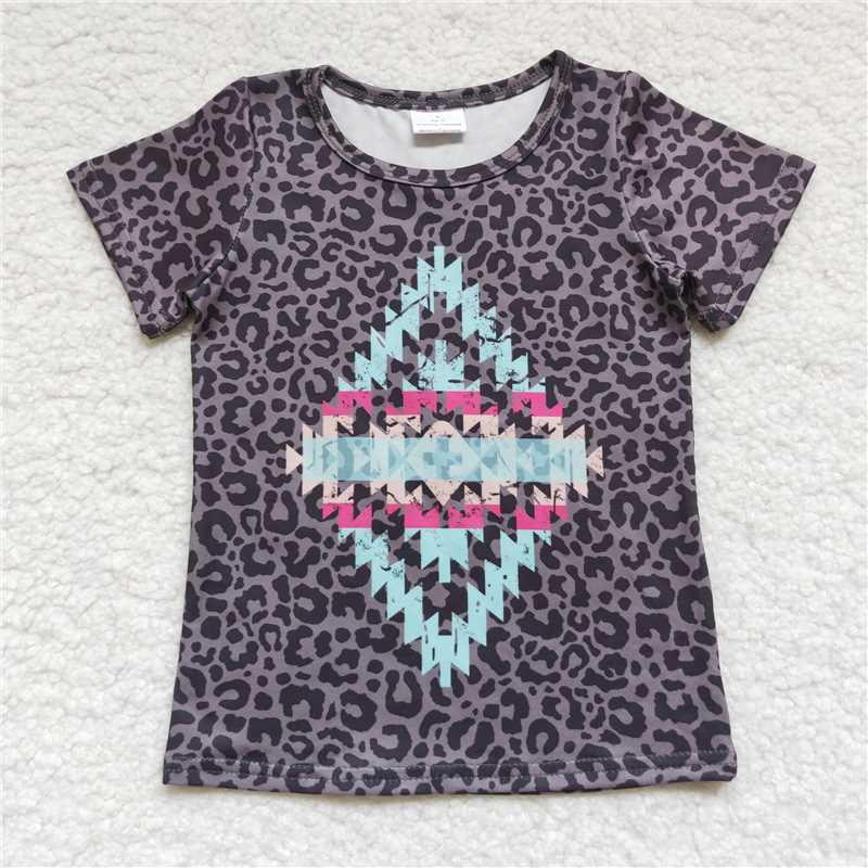 SALES NEW Baby Girls Geometric Pattern Grey And Black Leopard Print Short Sleeve Shirt Cute Infant Top in Neutral Colors