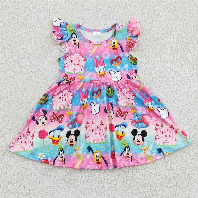 SALES NEW Baby Girls Print Knee-Length Dress with Pink Flutter Sleeves Cute And Fashionable Children's Clothing