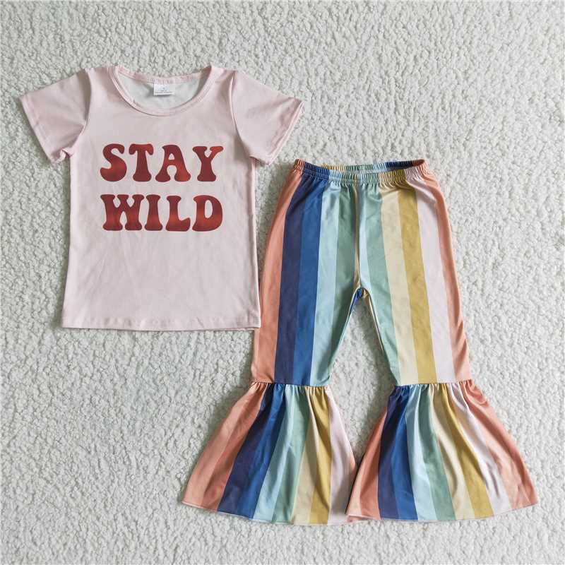SALES NEW Baby Girls Pink Top And Colorful Vertical-Striped Pants Set Cute Outfit for Infants Baby Girl's Fashion