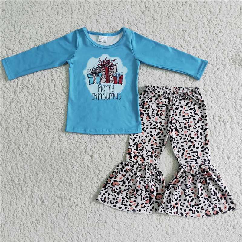 6 B6-36 Christmas Gift Blue Long Sleeve Leopard Flared Pants Set