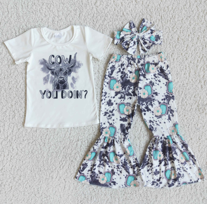 SALES NEW Girls Grey Cow Ftie Dye Bell Sets - Assorted Colors Girls Outfits Kids' Spring Clothing