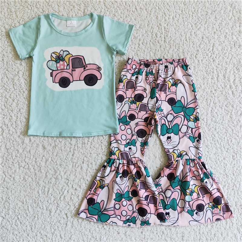 SALES NEW Baby Girls Easter Tractor Egg Bell Pants Set Cute Farm Outfit Toddler Clothing Set