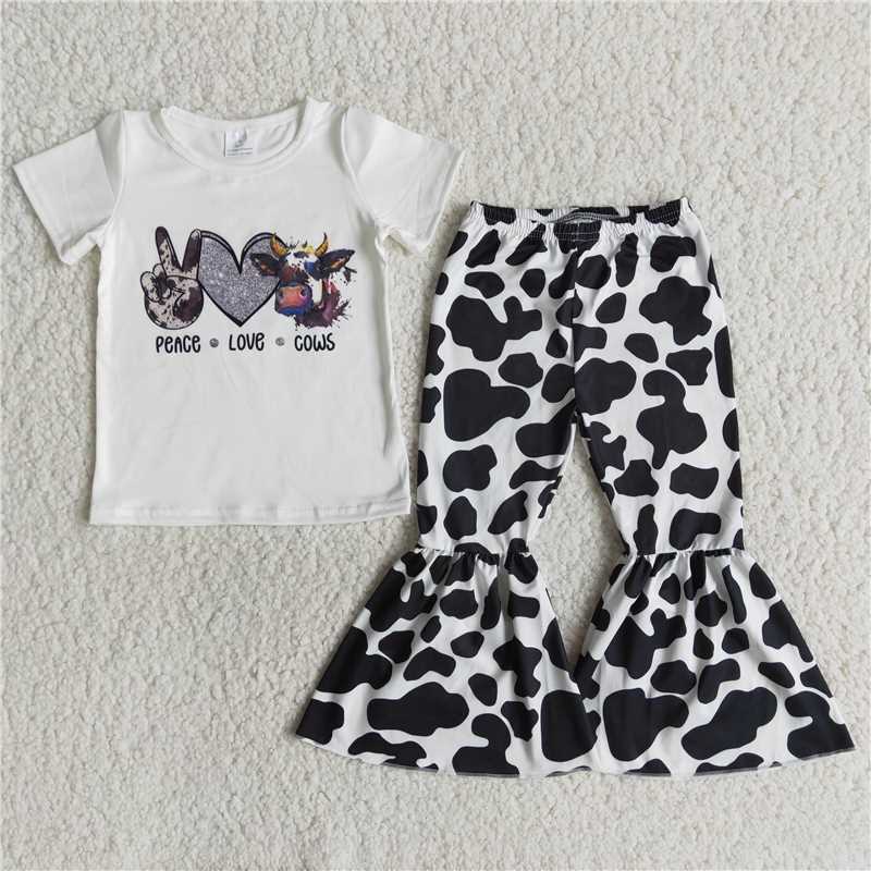 SALES NEW Baby Girls Short Sleeve Cows Print Bell Bottom Pants Set Outfit Toddler Clothing Set