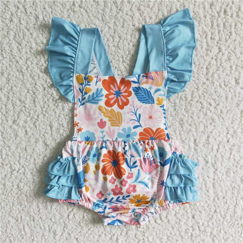 RTS NO MOQ SR0037Girls blue flying sleeves floral bodysuit