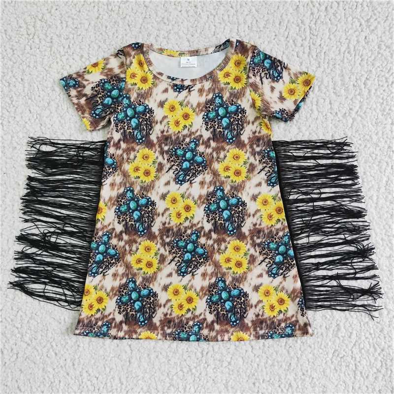 SALES NEW Baby Girls Western Dress with Blue Gemstone And Sunflower Motif Tassel Design