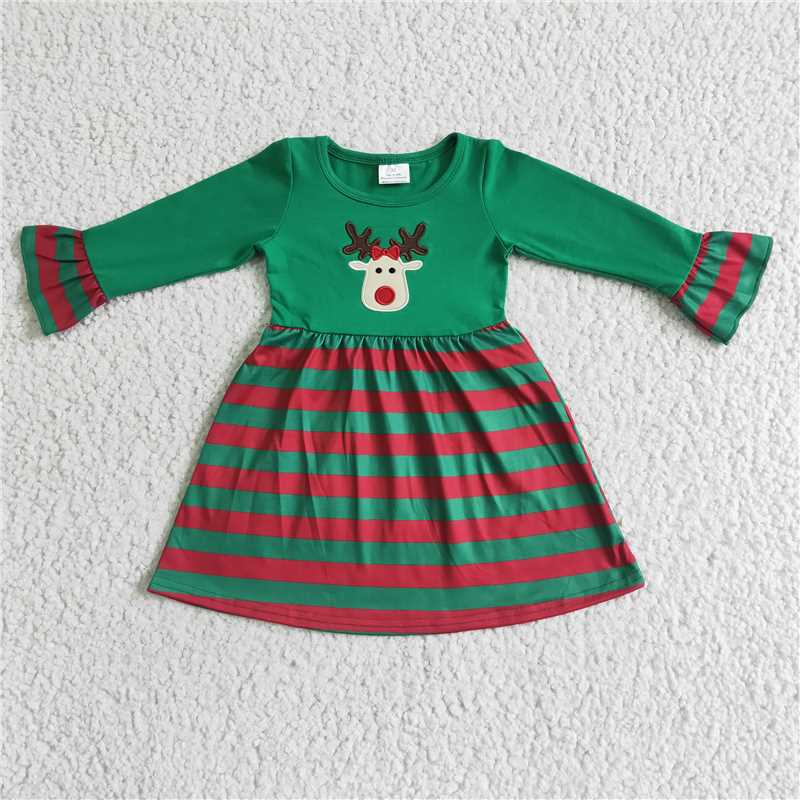 RTS NO MOQ(In Stock) GLD0014 Christmas embroidered deer green striped long-sleeved dress