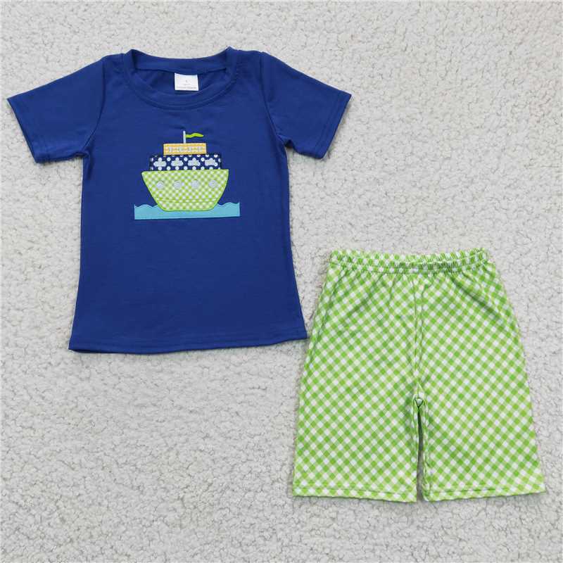 RTS NO MOQ(In Stock ) BSSO0097 Boys Embroidered Green Ship Blue Short Sleeve Shorts Set