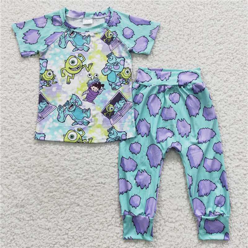RTS NO MOQ Monsters Academy Printed Long Sleeve Set & Short Sleeve Flared Pants Set
