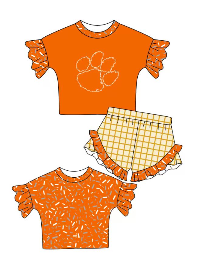 Custom moq 5 mix size milk silk summer teams baby girl clothes orange short sleeve shorts sets