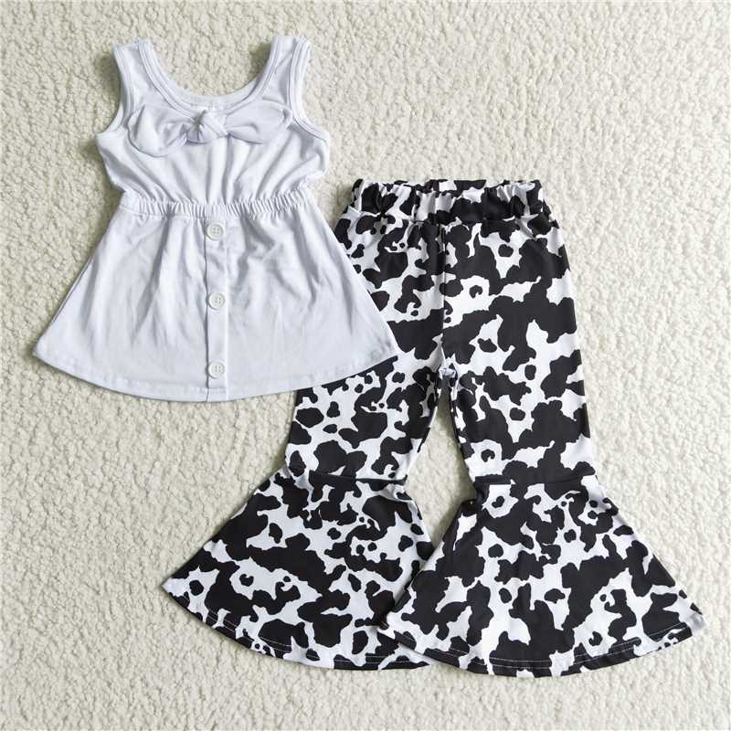 SALES NEW Baby White Double Strap Sleeveless Top with Cow-Print Bell Pants - Comfortable Cotton Outfit for Infants