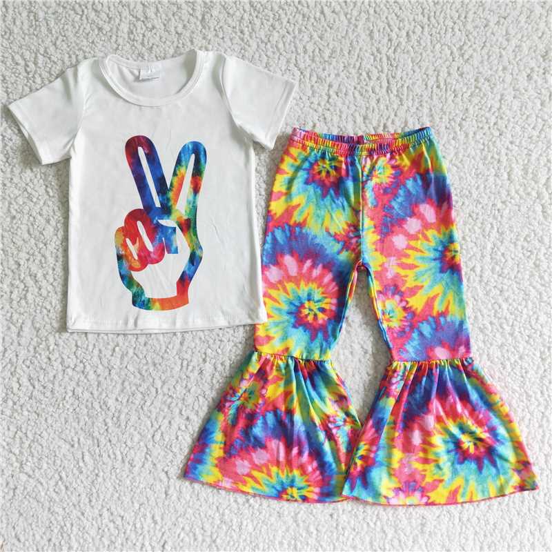 SALES NEW Baby Girl Tie Dye Bell Bottom Set with White Gesture Image Top Infant Outfit Casual Comfortable Clothing for Girls