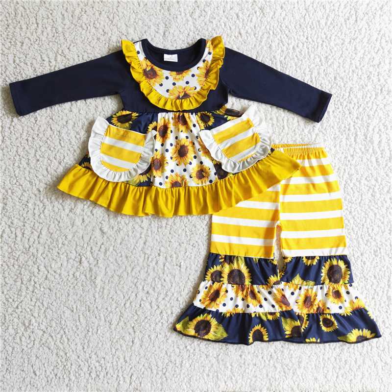 SALES NEW Baby Girls Navy Sunflower Bell Pant Set Cute Floral Print Outfit for Infants Baby Girl's Clothing Set