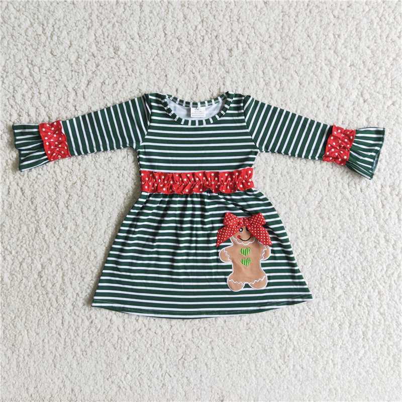 RTS NO MOQ 6 B13-20 Embroidered gingerbread striped long-sleeved dress