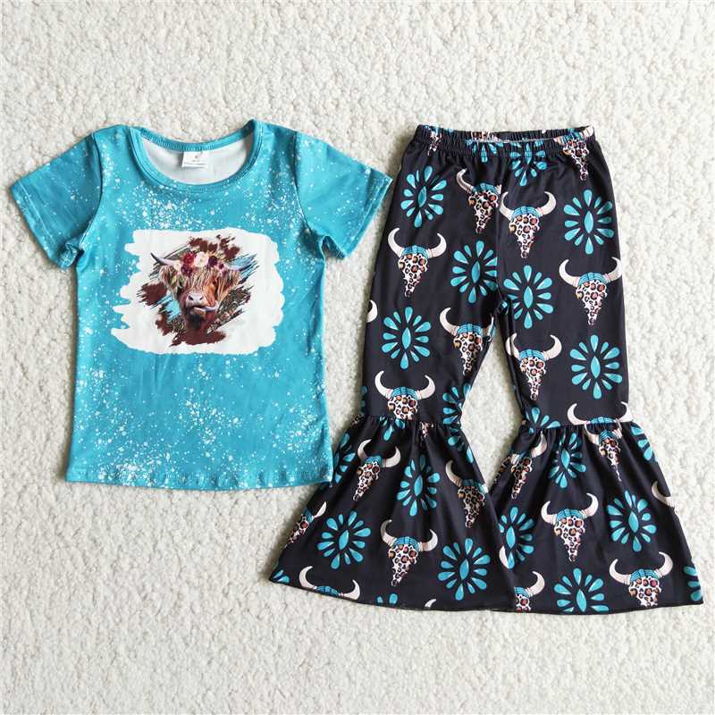 SALES NEW Baby Bleached Short Sleeve Bull Head Bell Pant Set Cute Casual Outfit for Infants Comfortable Soft Clothing Set
