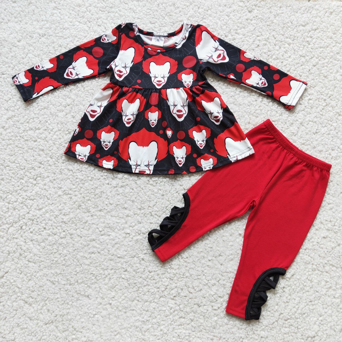 6 C7-23 Baby Girls Print Long Sleeve Tunic Top Red Pants Casual Halloween Outfit Set