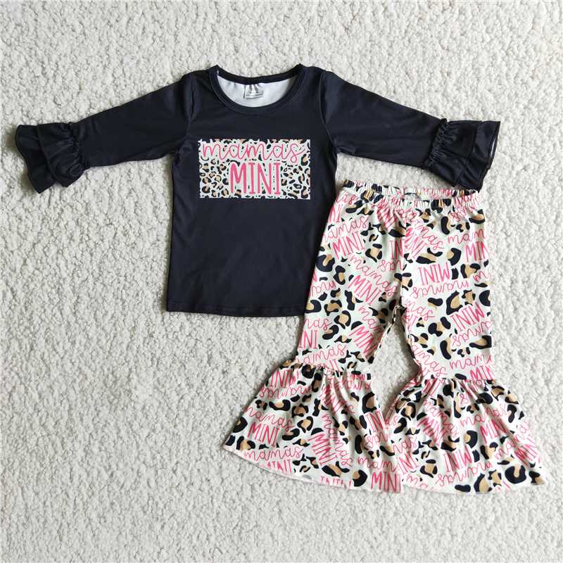6 B7-5 Baby Girls Letter Print Solid Black Long Sleeve Top Bell Bottom Pants Casual Outfit Set