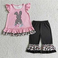 SALES NEW Baby Girls Bunny Rabbit Print Pink Top Black Leopard Pattern Capri Pants Set Infant Outfit for Girls