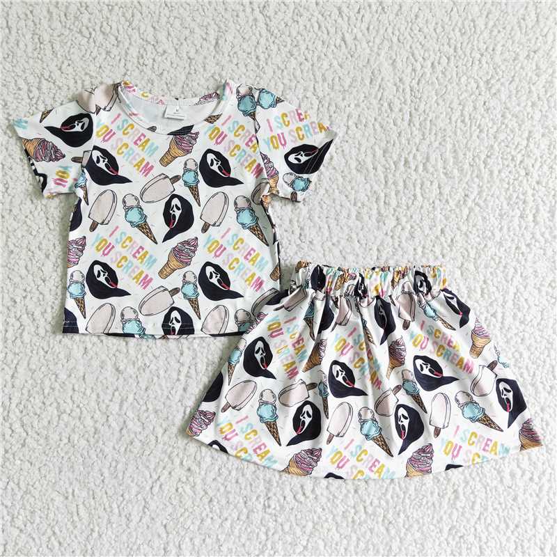RTS NO MOQ GSD0100 Halloween Ice Cream Short Sleeve Skirt Set