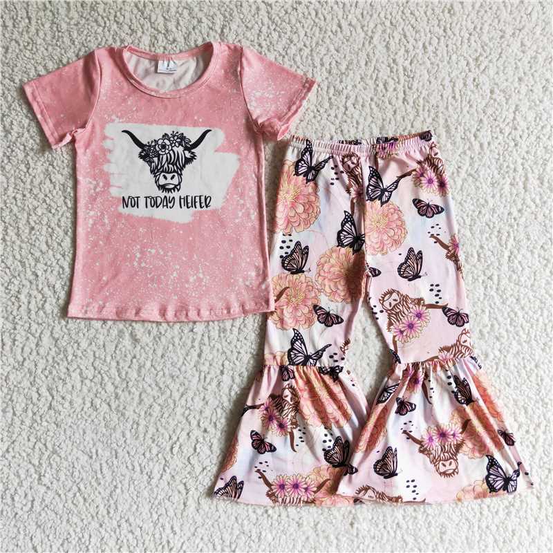 SALES NEW Baby Girls Cow Short Sleeve Outfit with Butterfly Bell Pants Cute Children's Clothing Set for Girls