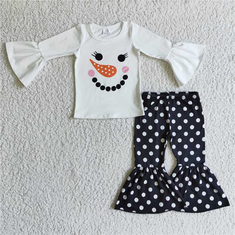 SALES NEW Baby Girls Snowman Print Shirt And Dots Bell Pants Outfit Set for Holiday Parties And Special Occasions