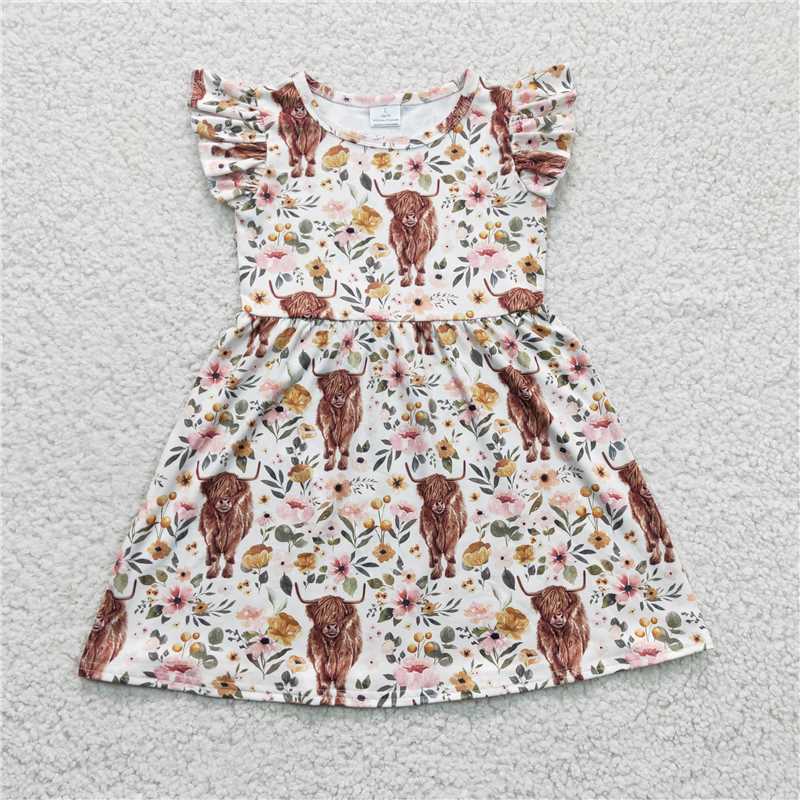 SALES NEW Baby Girls Highland Cow Knee-Length Dress with Flutter Sleeves Cute Children's Fashion Outfit for Girls