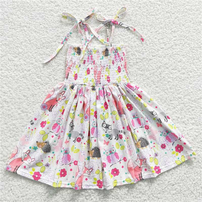 SALES NEW Baby Girls Fox Smocked Knee-Length Dress Cute Animal Print Girls Dress Baby Girl's Clothing