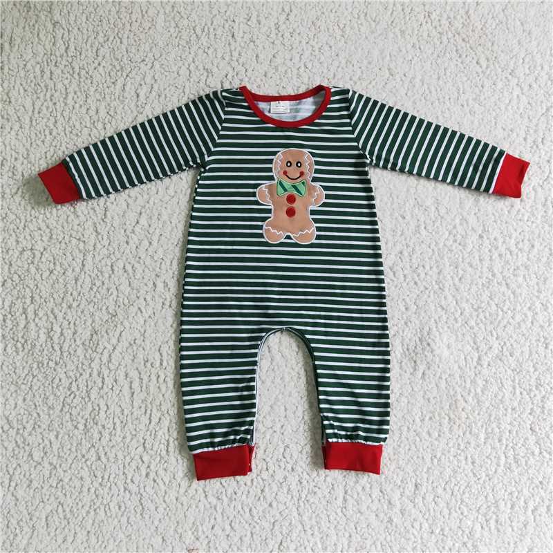 RTS no moq 6 A27-2 gingerbread boys green striped jumpsuit