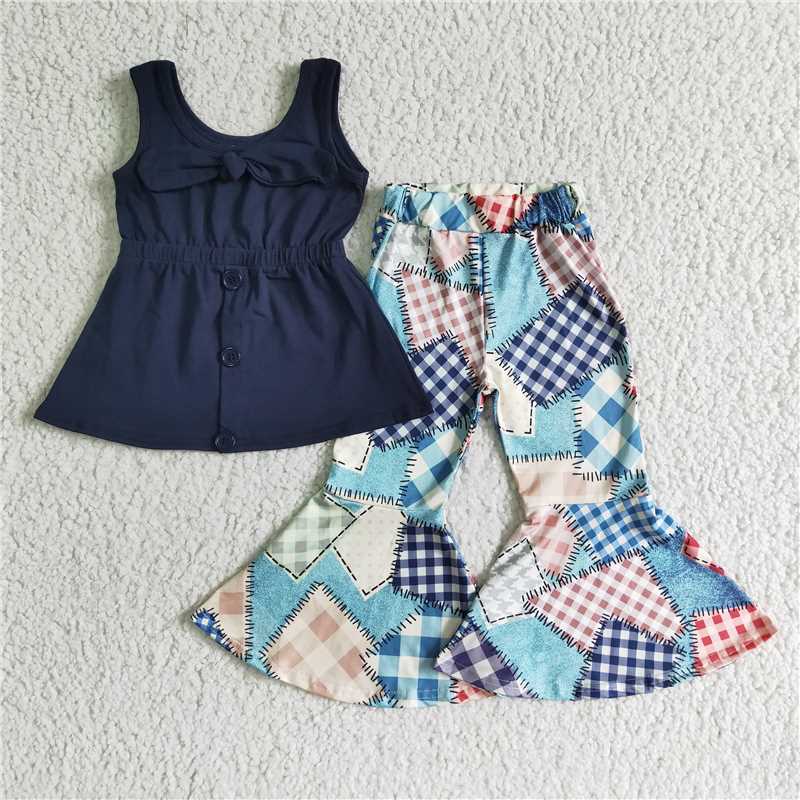 SALES NEW Baby Girls Navy Bow Tunic Patchwork Bell Pants Clothing Set Cute Toddler Outfit