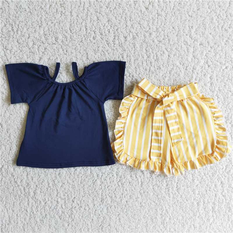 SALES NEW Navy top yellow stripe shorts sets
