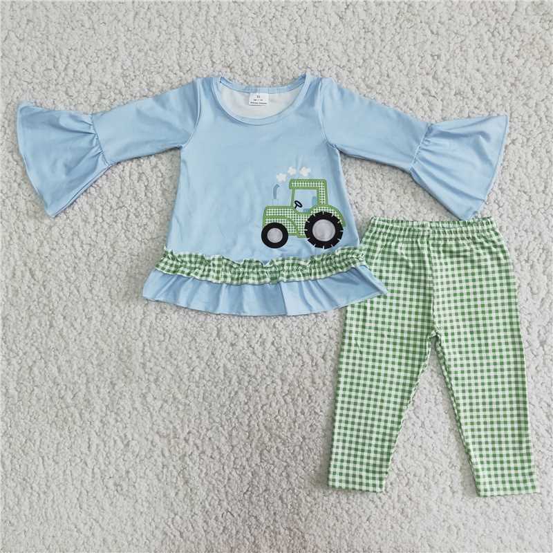 SALES NEW Girls Farm Tractor Legging Sets Kids' Clothing Outfits Toddler Girls' plaid leggings And Top Set Children's Fashion