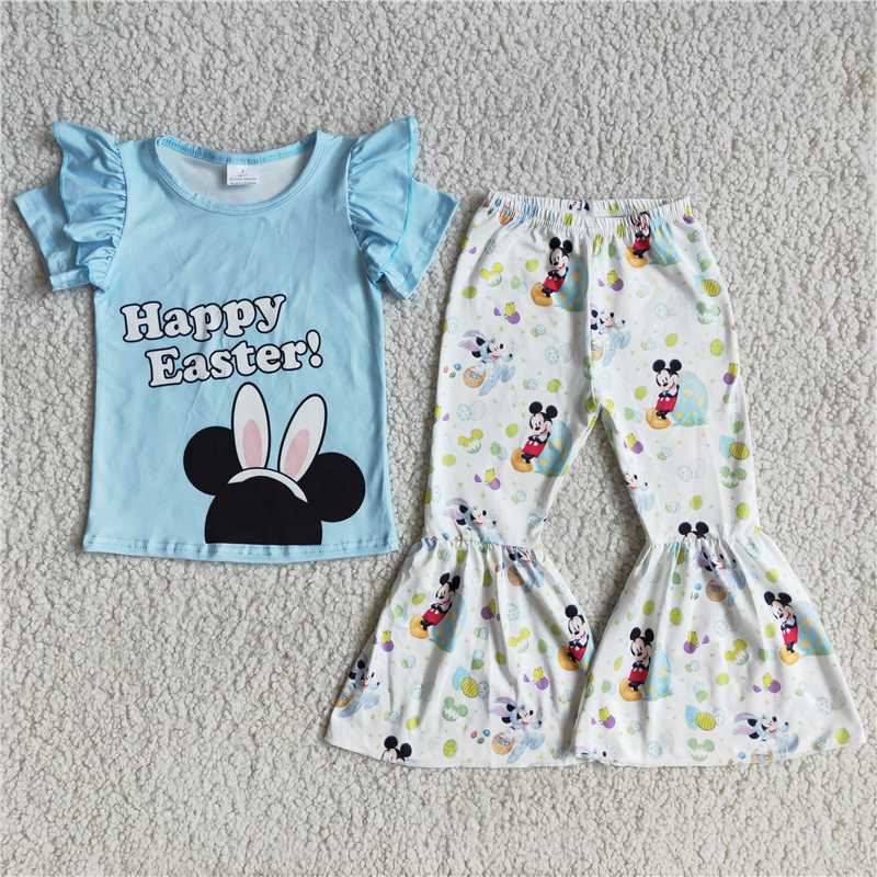 SALES NEW Baby Girls Easter Bunny Blue Outfit Short Sleeve Bell Pant Set Spring Holiday Clothing for Infants