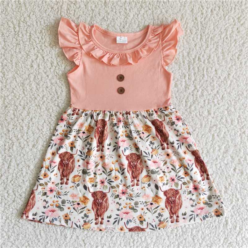 SALES NEW Baby Girls Pink Western Highland Cow Knee-Length Dress with Flutter Sleeves Cute Print for Little Girls