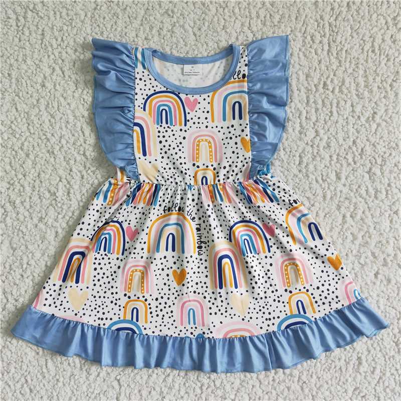 SALES NEW Baby Girls Summer Rainbow Blue Dress with Flutter Sleeves Cute Children's Clothing for Girls