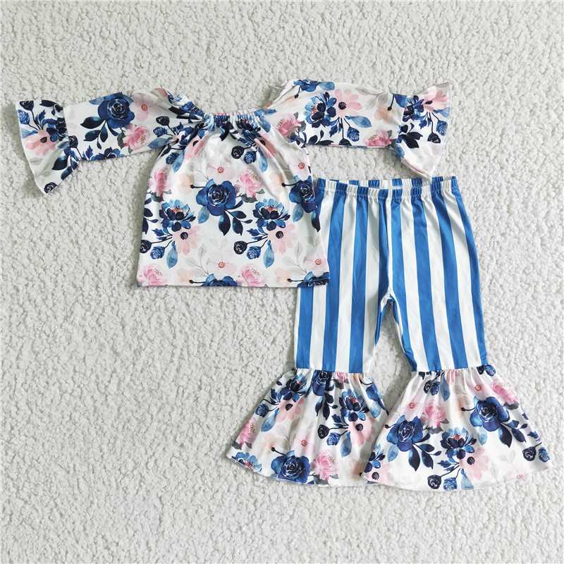 SALES NEW Baby Girls Navy Floral Off-Shoulder Top with Bell Pants Outfit Set Cute Baby Girl Clothing Set