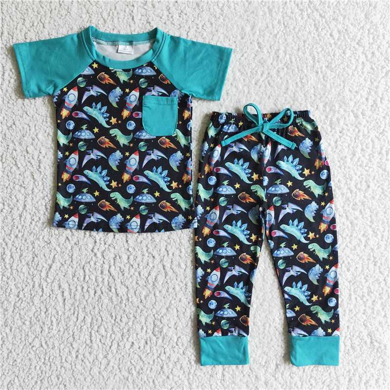 SALES NEW baby boys blue dinosaur pocket top pants sets